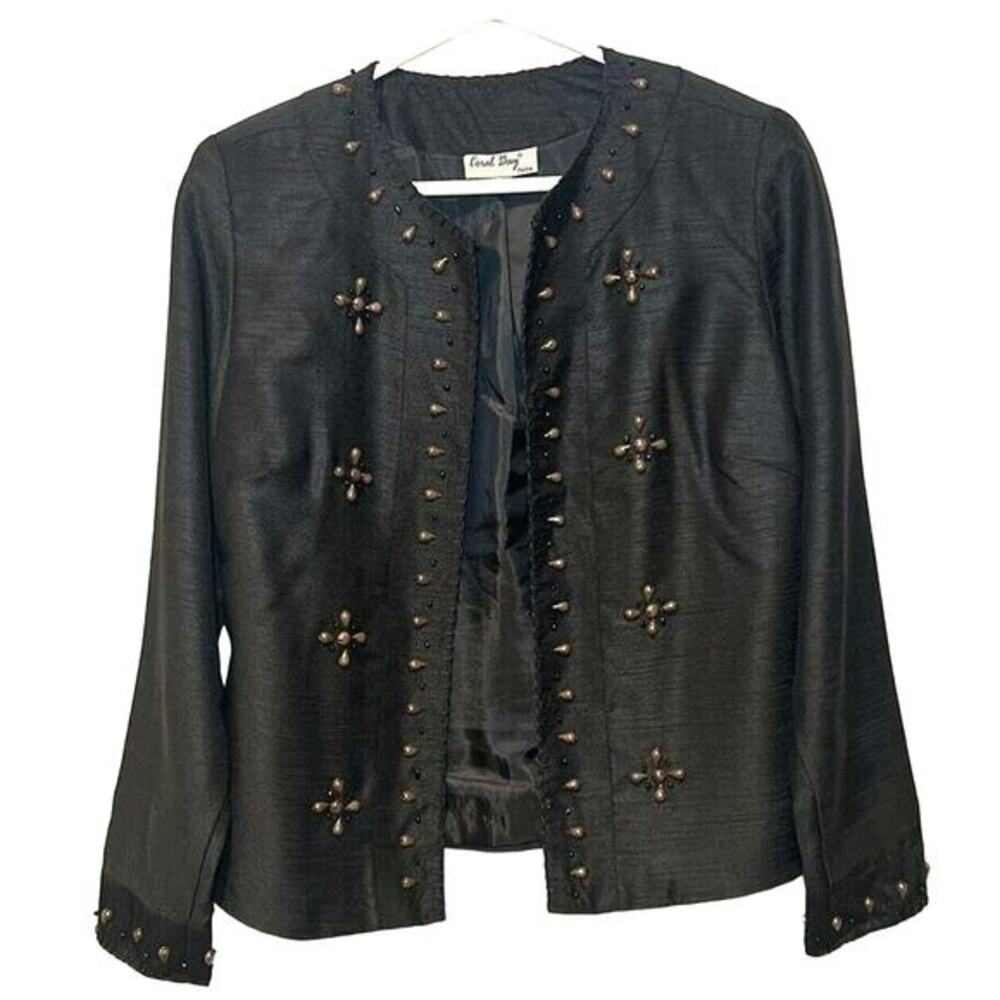 Coral‎ Bay Petite M Black Blazer Jacket Beaded Lined Formal Workwear 90s Career